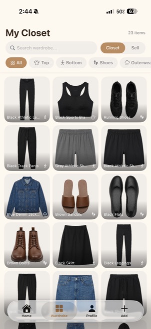 Worn app — wardrobe grid view